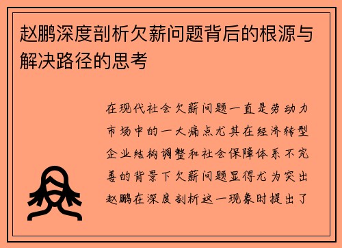 赵鹏深度剖析欠薪问题背后的根源与解决路径的思考
